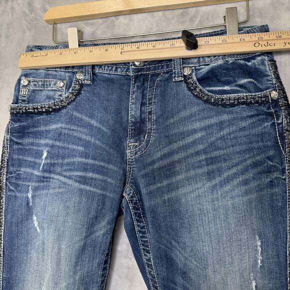 Miss Me Jeans Womens 27 Boyfriend Capri Blue Distressed Embellished Denim Pocket - Picture 13 of 16